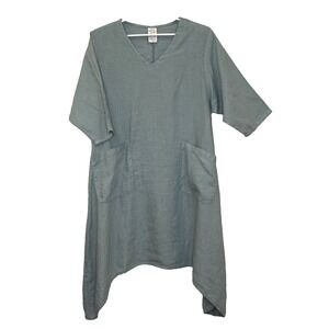 Match Point Shift Dress Womens Small Green 3/4 Sleeve V-Neck 100% Linen Pockets